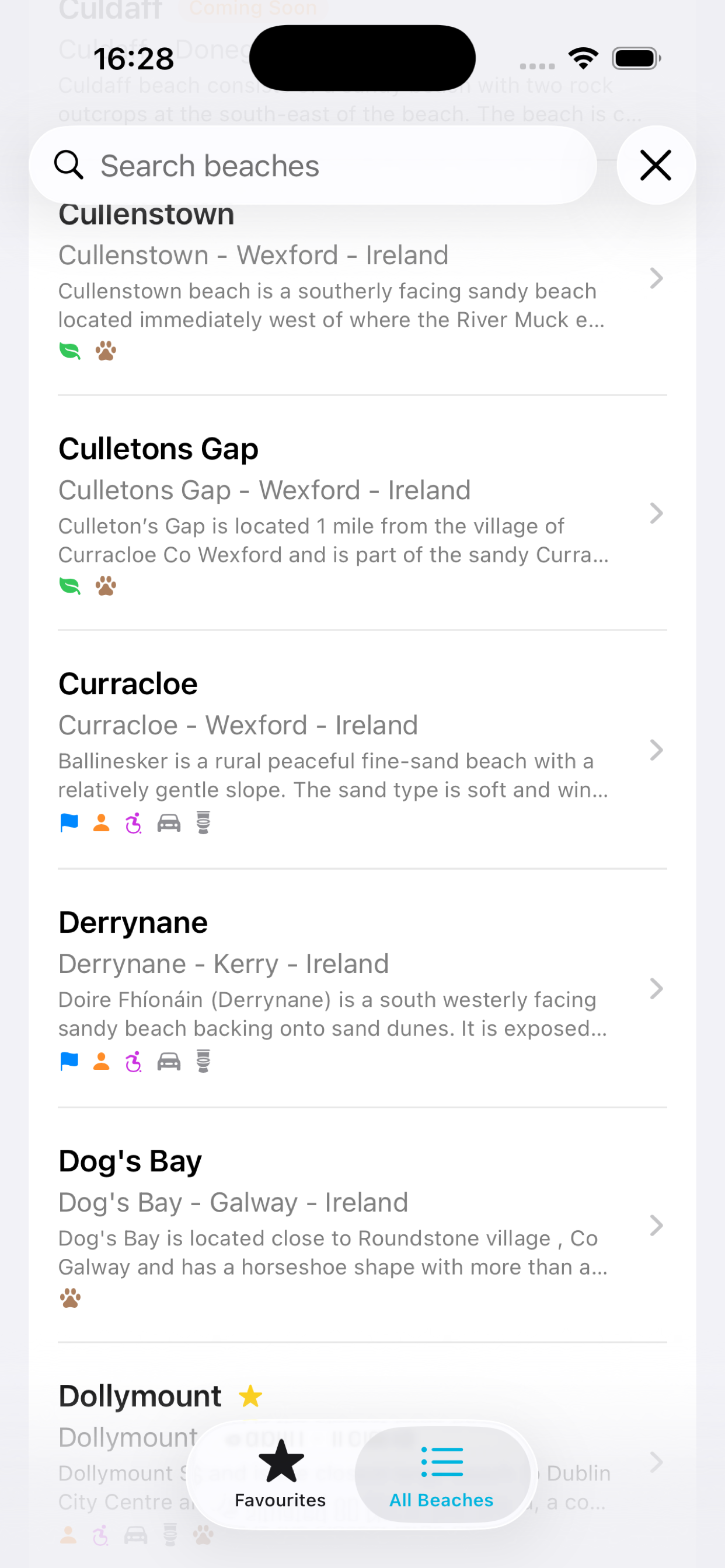 Seanic beach list showing searchable list of all Irish beaches