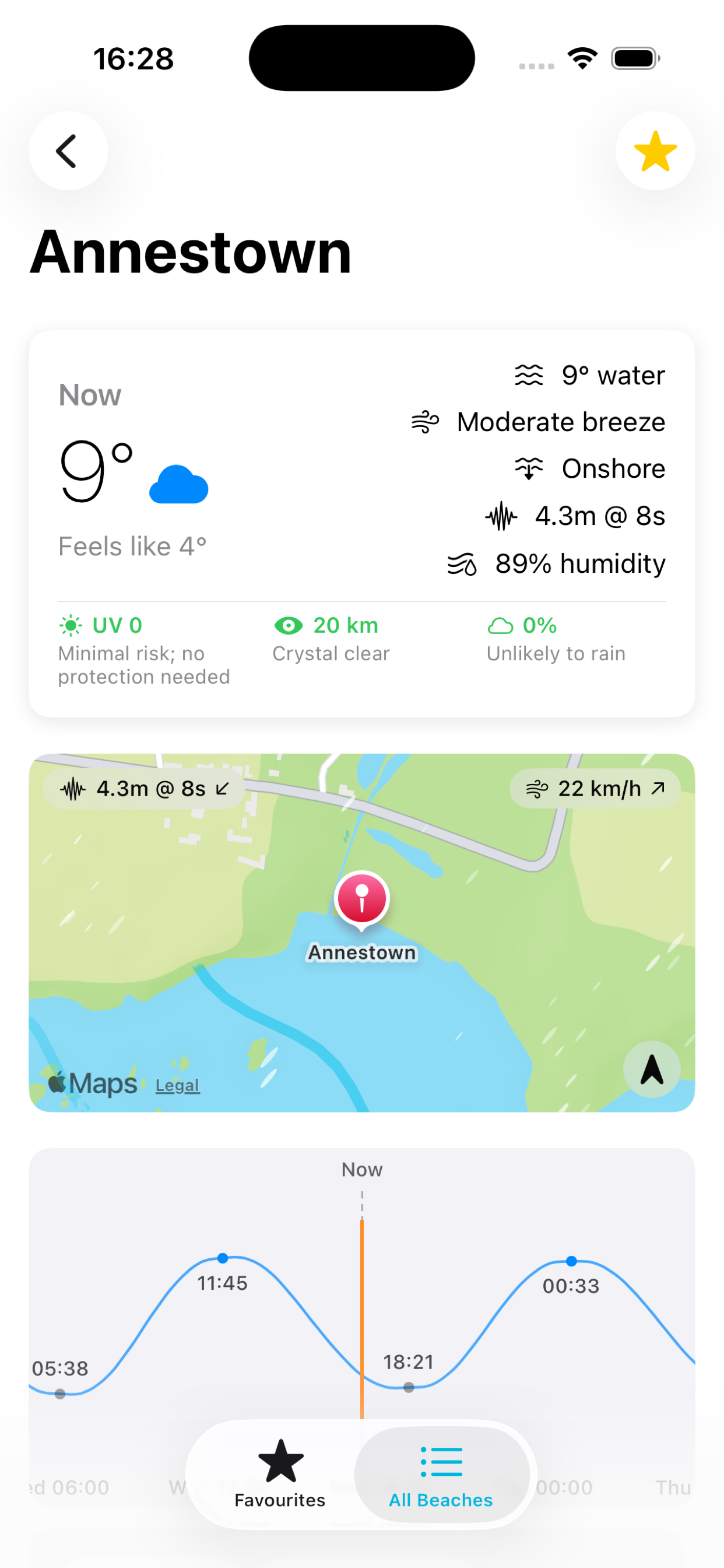 Seanic beach detail view with weather, map, and tide chart
