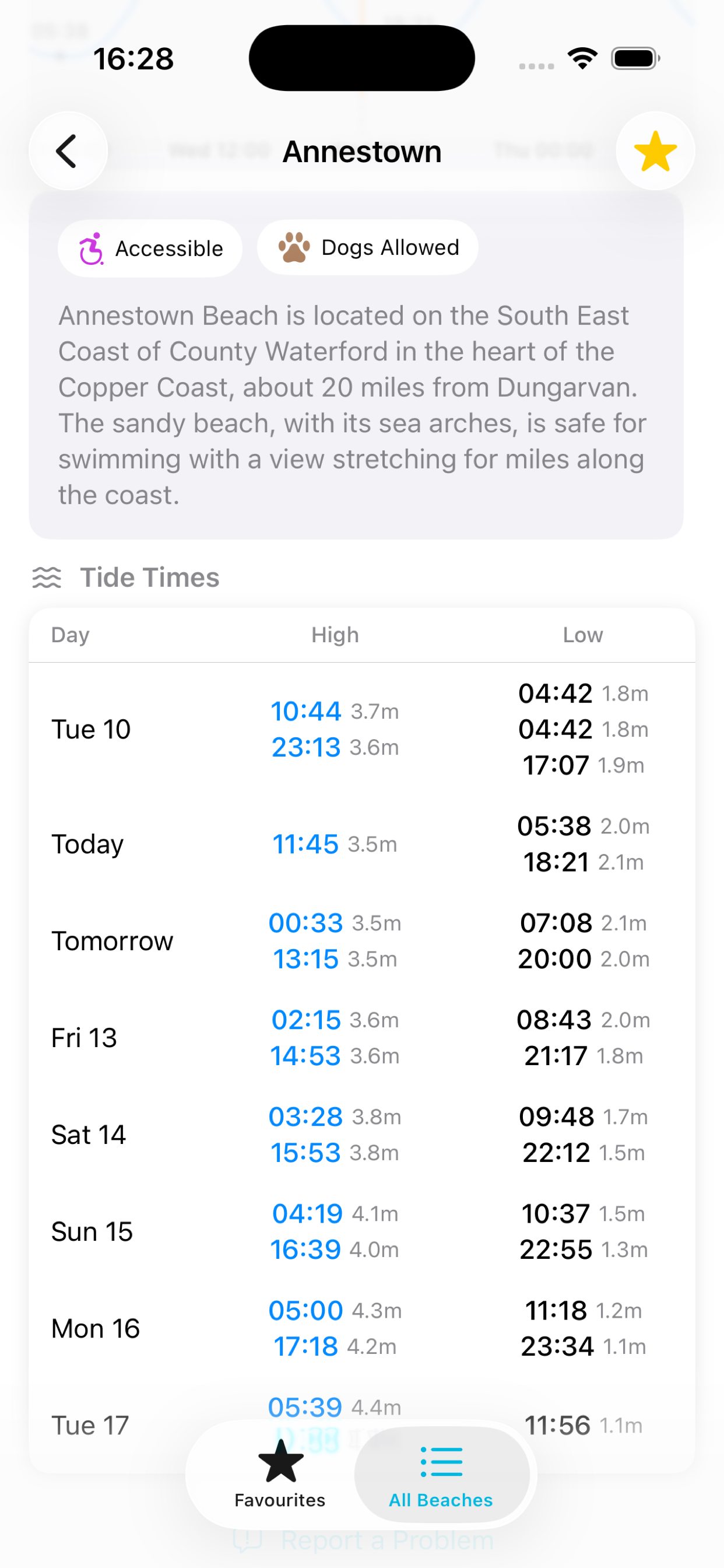 Seanic tide times table and beach description