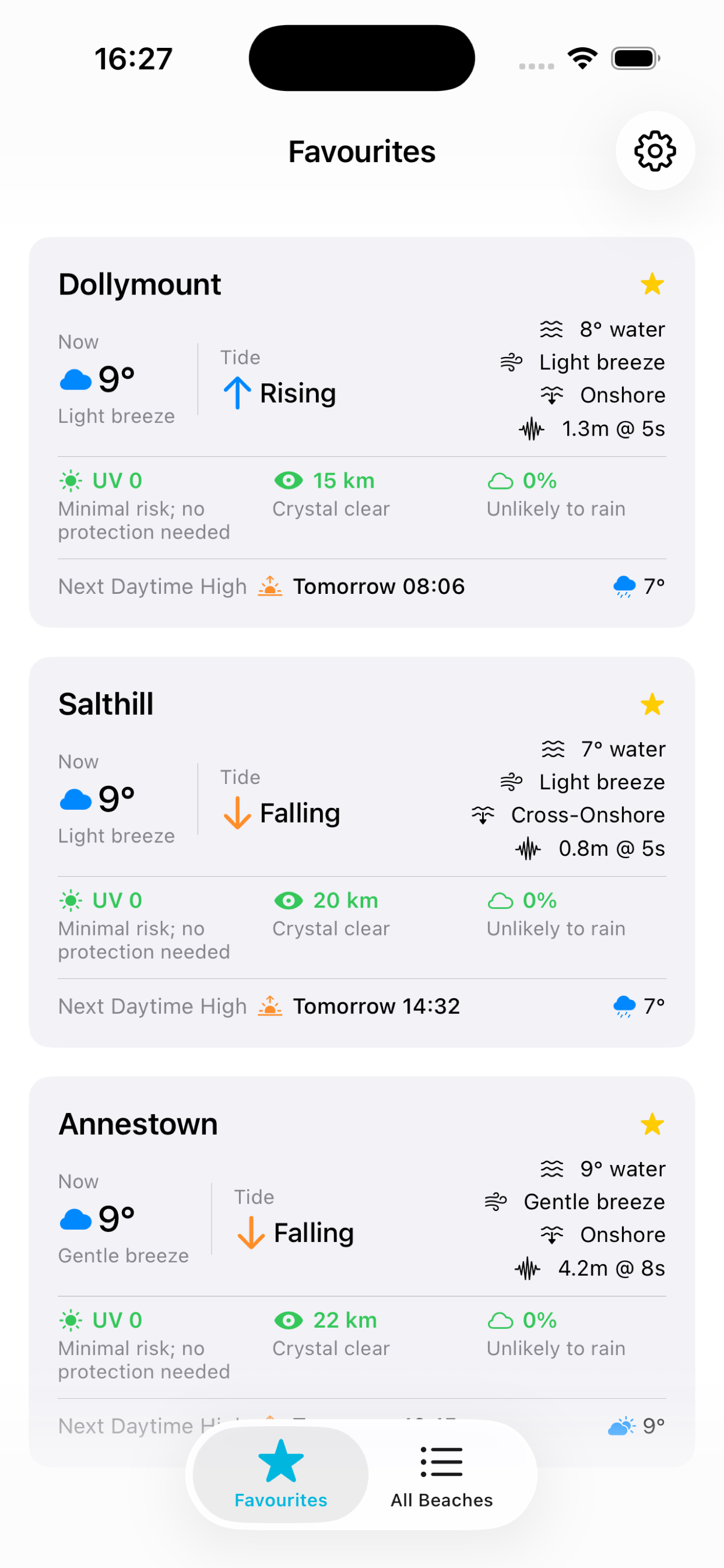 Seanic favourites view showing at-a-glance conditions for saved beaches
